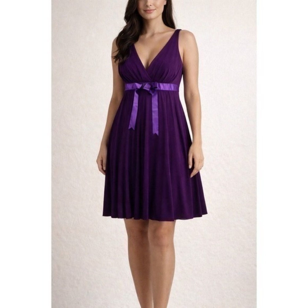 Purple V Neck‎ Sleeveless Pleated Midi Dress with Ribbon Bow Tie